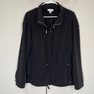 St John Sport Full Zip Light Jacket Women's M Black Roll Tab Sleeve Pockets